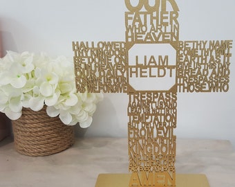 The Lords Prayer Our Father Cross Laser cut Customised with Family Name or text to suit occasion 30cm high