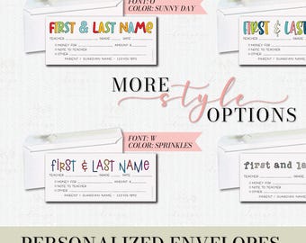 Personalized School Money Envelopes, Set of 10, UPDATED Fonts & Colors