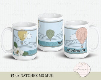 Natchez MS Mug, Mississippi River Balloon Race, Hand-drawn Art