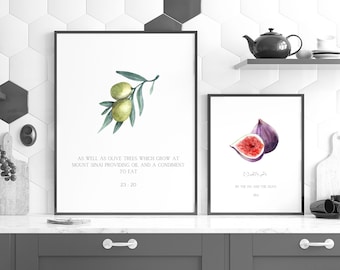 Islamitische muurkunst | Set van 5 aquarelvruchten in de Koran met het relevante vers | Islamitische poster voor de keuken | Islamitische kunst afdrukbaar