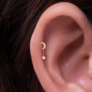 20G/18G/16G Romantic Celestial Moon Star Dangle Drop Push Pin Labret, Helix Cartilage Earring, Flat Back Stud, Flat Back Earring, Helix Stud