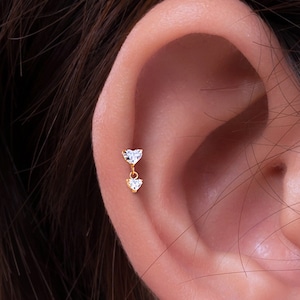 20G/18G/16G Dangle Heart CZ Drop Stud Push Pin Labret, Helix Cartilage Earring, Flat Back Stud, Flat Back Earring, Helix Stud