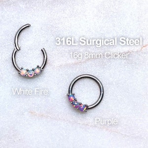 Opal Dot Septum Hoop, Hinged, Septum Clicker, Daith Earring, Opal Septum Ring, 16g 8mm 316L Surgical Steel