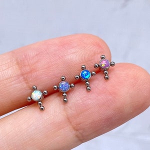 Opal Cross Cartilage Earring, G23 Implant Grade Titanium Threadless Push In Labret Stud in Silver, Gold, Rose Gold, Black Finish