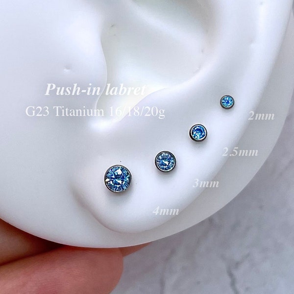 Bezel Set CZ Gem Flatback Earring Push-in Labret Piercing 20g 18g 16g Implant Grade Titanium Tragus/Cartilage/Conch/Forward Helix/Nose Stud