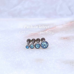 Aqua Blue CZ Crystal Bezel Set Cartilage Earring, Threadless Push In Labret Stud, Implant Grade Titanium Flat Back Earring