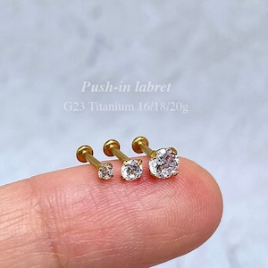 IMPLANT GRADE TITANIUM 18K Gold Plated Crystal Cartilage Helix Conch Jewelry Push In Labret Stud Threadless Flat Back Earring 20g 18g 16g