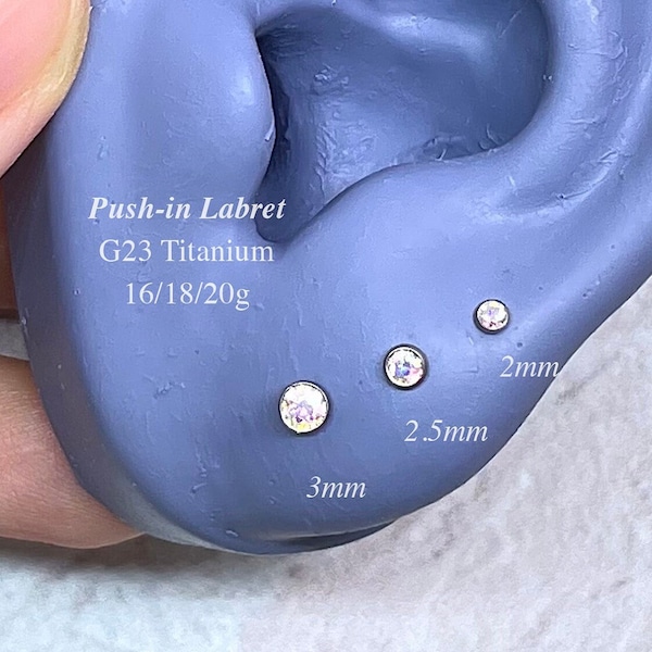 IMPLANT GRADE TITANIUM 20g 18g 16g Threadless Earring, Tiny Gem Labret Stud, Push In Labret, Flat Back Earring, Helix Cartilage Tragus Stud