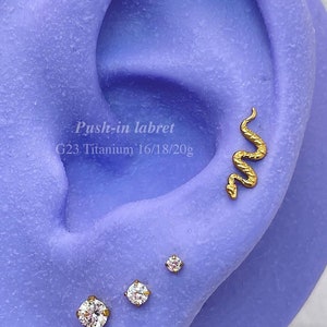 20G/18G/16G Dainty Snake Push Pin Labret • Titanium Flat Back Earring • Labret Stud • Flat Back Stud • Helix Stud • Cartilage Earring