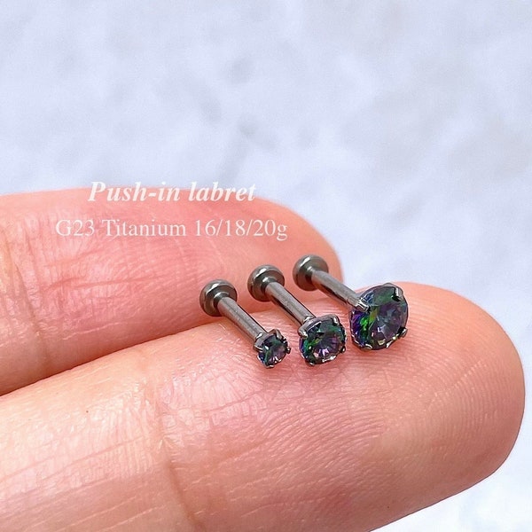 2/3/4mm Prong Set CZ Gem Flat Back Earring Labret Stud Push In Labret G23 Implant Grade Titanium 20g 18g 16g Cartilage Helix Tragus Piercing