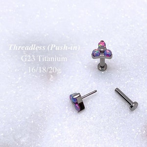 20g 18g 16g Triangle Opal PUSH IN Titanium Labret, G23 Implant Grade Titanium Helix Cartilage Tragus Threadless Piercing Ear Stud