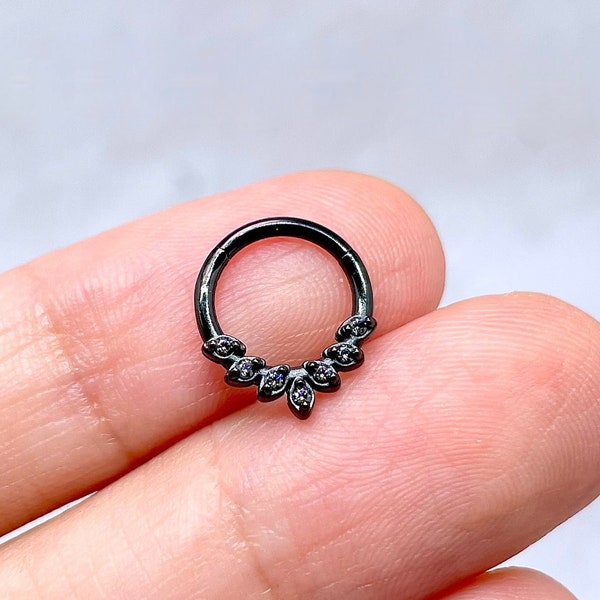 16g CZ Leaves Daith Earring Silver/Gold/Rose Gold/Black Daith Piercing Jewelry, 316L Surgical Steel Daith Ring Clicker Hoop