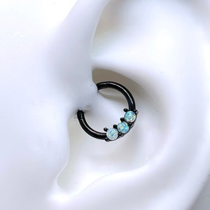 16g Septum Ring, Daith Earring, White Fire Opal Septum Clicker Hoop, Black PVD Finish 316L Surgical Steel, Hypoallergenic Piercing Jewelry
