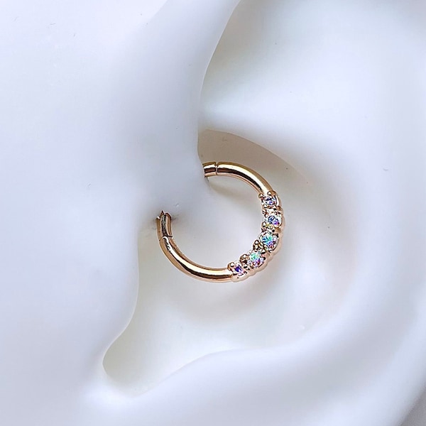 16g Daith Earring, Dainty CZ Gem Lined Daith Jewelry, 316L Surgical Steel Daith Piercing, Seamless Hinged Clicker Hoop