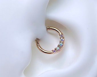 16g Daith Earring, Dainty CZ Gem Lined Daith Jewelry, 316L Surgical Steel Daith Piercing, Seamless Hinged Clicker Hoop