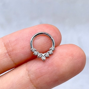 16g CZ Leaves Daith Earring Silver/Gold/Rose Gold/Black Daith Piercing Jewelry, 316L Surgical Steel Septum Ring Clicker image 1