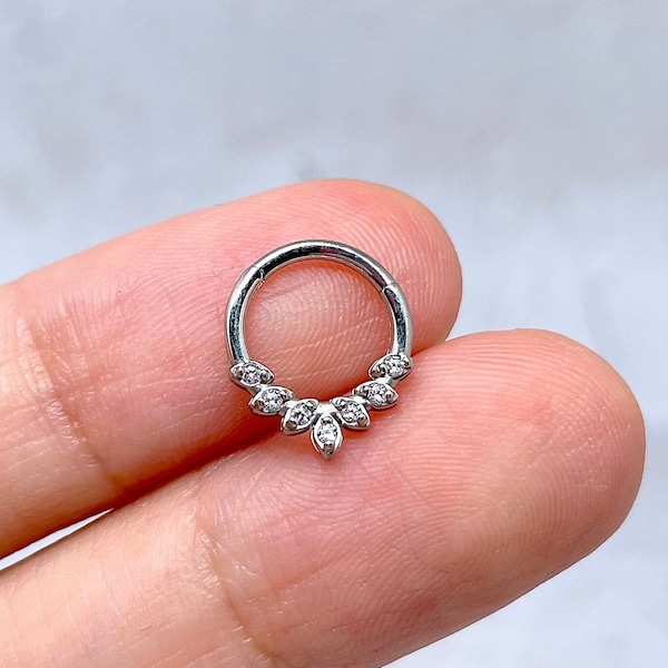 16g CZ Leaves Daith Earring Silver/Gold/Rose Gold/Black Daith Piercing Jewelry, 316L Surgical Steel Septum Ring Clicker