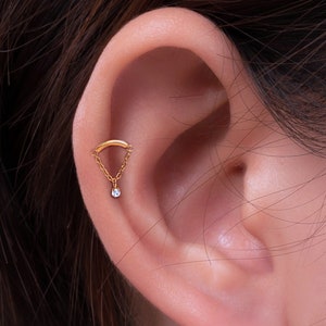 20G/18G/16G Delicate Drop CZ Chain Stud Push Pin Labret Cartilage Earring, Threadless Flat Back Stud, Cartilage Stud, Flat Back Earring