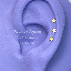 Implant Grade Titanium Push In Labret Dainty Star Moon Heart Stud, Cartilage, Helix, Tragus Piercing Jewelry, 20g 18g 16g Threadless Earring