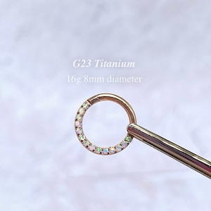 IMPLANT GRADE TITANIUM 16g Gem Lined Opal Paved Clicker Hoop, Daith Earring, Septum Piercing, Daith Jewelry, Gold, Rose Gold Nose Ring