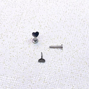 Black PVD Finish Heart Minimalist Earring, Threadless Push In Labret Stud, Tragus/Helix/Conch/Cartilage Earring, G23 Implant Grade Titanium