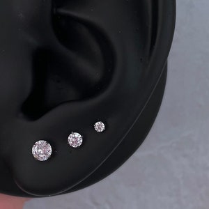 IMPLANT GRADE TITANIUM Diamond Stud Earring, Push In Labret Flat Back Earring, 20g 18g 16g Threadless Earring, 2mm 3mm 4mm Prong Set Cz Gem