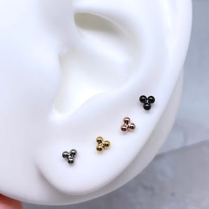 Minimalist Trinity Dot Cartilage Flat Back Earring, G23 Implant Grade Titanium Threadless Push In Labret Stud in Silver/Gold/Rose Gold/Black