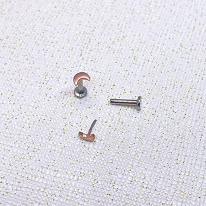 Rose Gold Moon Cartilage Earring, Threadless Push Pin Labret Stud, Helix/Tragus/Conch IMPLANT GRADE TITANIUM Flat Back Earring