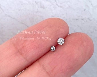 IMPLANT GRADE TITANIUM Diamond Stud Earring, Push In Labret Flat Back Earring, 20g 18g 16g Threadless Earring, 2mm 3mm 4mm Prong Set Cz Gem