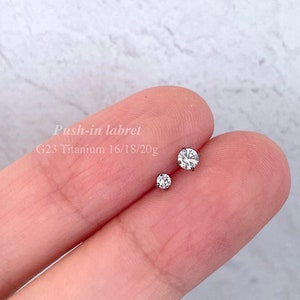 IMPLANT GRADE TITANIUM Diamond Stud Earring, Push In Labret Flat Back Earring, 20g 18g 16g Threadless Earring, 2mm 3mm 4mm Prong Set Cz Gem