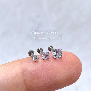 2/3/4mm Prong Set CZ Gem Flat Back Earring Labret Stud Push In Labret G23 Implant Grade Titanium 20g 18g 16g Cartilage Helix Tragus Piercing