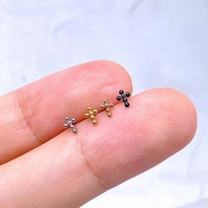 Minimalist Cross Cartilage Earring, G23 Implant Grade Titanium Threadless Push In Labret Stud in Silver, Gold, Rose Gold, Black Finish