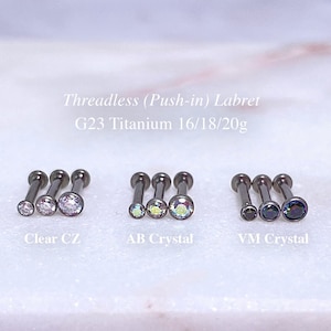 IMPLANT GRADE TITANIUM 20g 18g 16g Threadless Earring, Tiny Gem Labret Stud, Push In Labret, Flat Back Earring, Helix Cartilage Tragus Stud