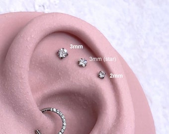 16g Push In Labret Stud Tiny Star CZ Gem Bioflex Labret Stud Push Back Earring 316L Surgical Steel Gold Plated Silver Finish