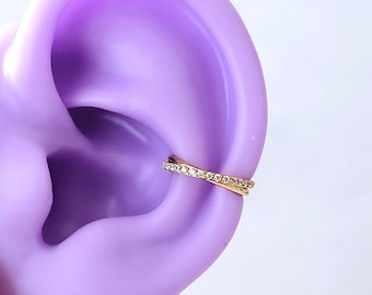 16g Dainty Crossed CZ Paved Conch Hoop, Conch Earring, Conch Ring Clicker, 316L Surgical Steel Piercing Jewelry
