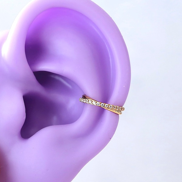 16g Dainty Crossed CZ Paved Conch Hoop, Conch Earring, Conch Ring Clicker, 316L Surgical Steel Piercing Jewelry