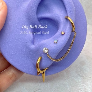 16g Dainty Chain Clicker Hoop CZ Stud Earring, Cartilage, Helix, Tragus, Conch Piercing, 316L Surgical Steel, Ball Back Stud