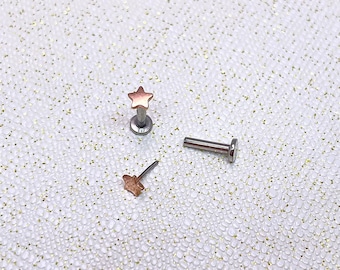 IMPLANT GRADE Titanium Rose Gold Finish Cartilage Earring, Tiny Star/Moon/Heart/Thunder Push In Labret Stud, Helix/Tragus/Conch 16g 18g 20g