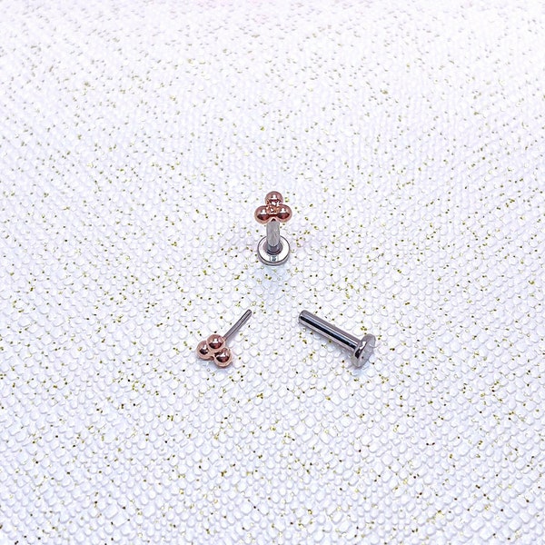 Minimalist Rose Gold Trinity Dot Cartilage Flat Back Earring, G23 Implant Grade Titanium Threadless Push In Labret Stud in 16g/18g/20g