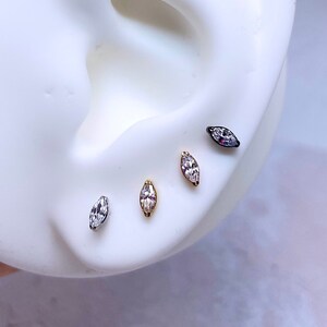 Marquise CZ Cartilage Earring IMPLANT GRADE Titanium, Helix Tragus Conch Push In Labret Stud, 16g 18g 20g in Silver, Gold, Rose Gold, Black