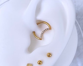 Crescent Moon Daith Earring, Crystal Paved IMPLANT GRADE TITANIUM, 16g Clicker Hoop Earring