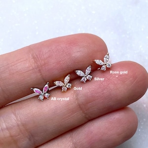 16g Labret Stud Dainty Butterfly Gem Cartilage Earring Helix Tragus Flat Back Earring 316L Surgical Steel in Silver, Gold, Rose Gold