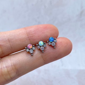 IMPLANT GRADE TITANIUM Inlaid Opal Threadless Flat Back Earring Cartilage Helix Conch Piercing Jewelry Push In Labret Stud 20g 18g 16g