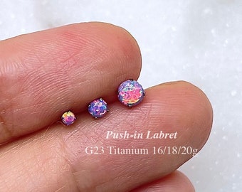 Titanium Threadless Push Pin Labret, Opal Flat Back Earring, Cartilage Tragus Helix Conch Nose Stud, 16g 18g 20g, Prong Set 2/3/4mm