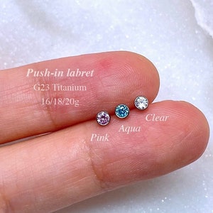 Bezel Set CZ Gem Flatback Earring Push-in Labret Piercing 20g 18g 16g Implant Grade Titanium Tragus/Cartilage/Conch/Forward Helix/Nose Stud