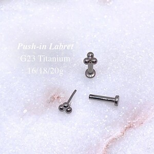 Push In Labret, Tiny Trinity Bead, Flat Back Stud, Threadless Earring, Tragus Cartilage Helix Piercing, IMPLANT GRADE Titanium 16g/18g/20g