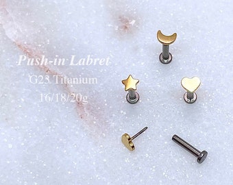 Implant Grade Titanium Push In Labret Dainty Star Moon Heart Stud, Cartilage, Helix, Tragus Piercing Jewelry, 20g 18g 16g Threadless Earring