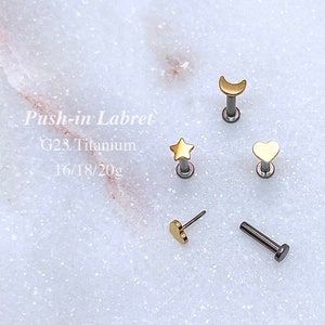 Implant Grade Titanium Push In Labret Dainty Star Moon Heart Stud, Cartilage, Helix, Tragus Piercing Jewelry, 20g 18g 16g Threadless Earring