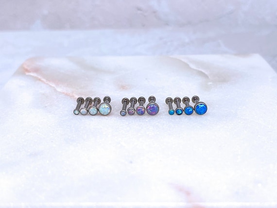 16/18/20g IMPLANT GRADE TITANIUM Bezel Opal Threadless Earring, Cartilage, Helix, Tragus Piercing, Flat Back Earring, Push In Labret Stud