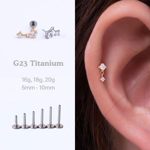 20G/18G/16G Dainty Dangle CZ Drop Stud Push Pin Labret Helix Cartilage Earring, Threadless Flat Back Stud, Flat Back Earring